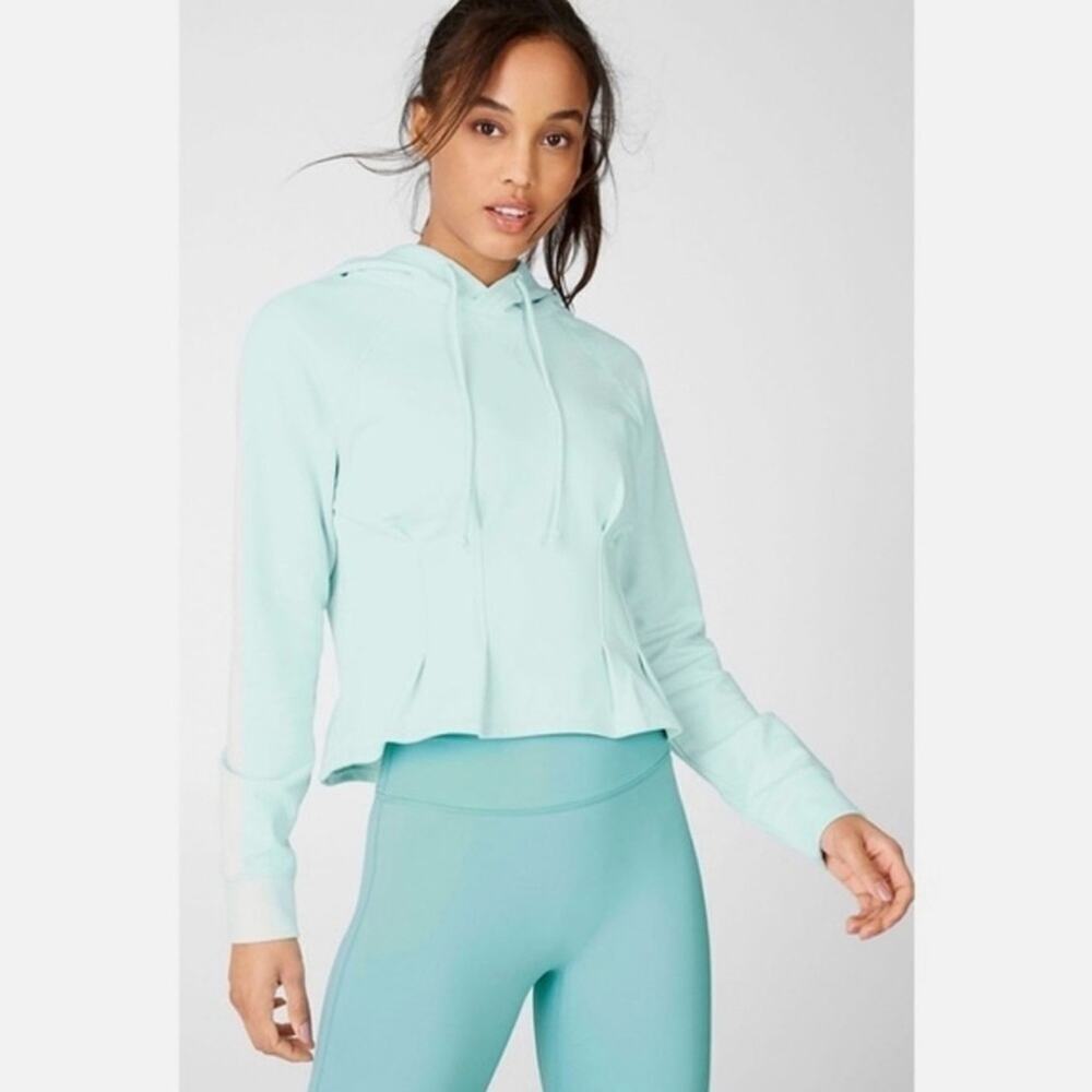 Fabletics June Glacier Blue Green Cropped Peplum Hoodie Sweatshirt Medium